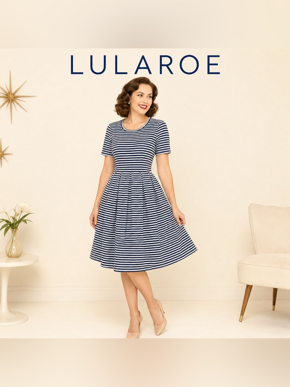 LuLaRoe Amelia Navy Striped Dress Size S 50s Retro Fit & Flare